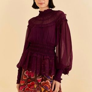 Farm Rio Burgundy Ruffle High Neck Blouse